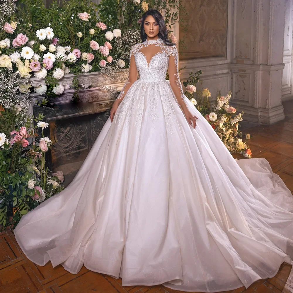 

Princess Wedding Dresses For Women 2024 High Neck Long Sleeves A Line Bridal Gowns With Lace Beaded Appliques Robe De Mariee