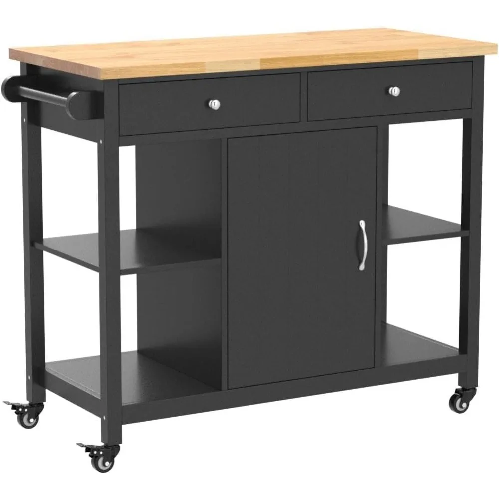 

Kitchen Islands on Wheels with Wood Top, Utility Wood Movable Kitchen Cart with Storage and Drawers, Black