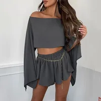 Solid Beach Short Sets Women Fashion Off The Shoulder Crop Top and Mini Shorts Outfits Summer Casual Loose Holiday Two Piece Set - Image 2