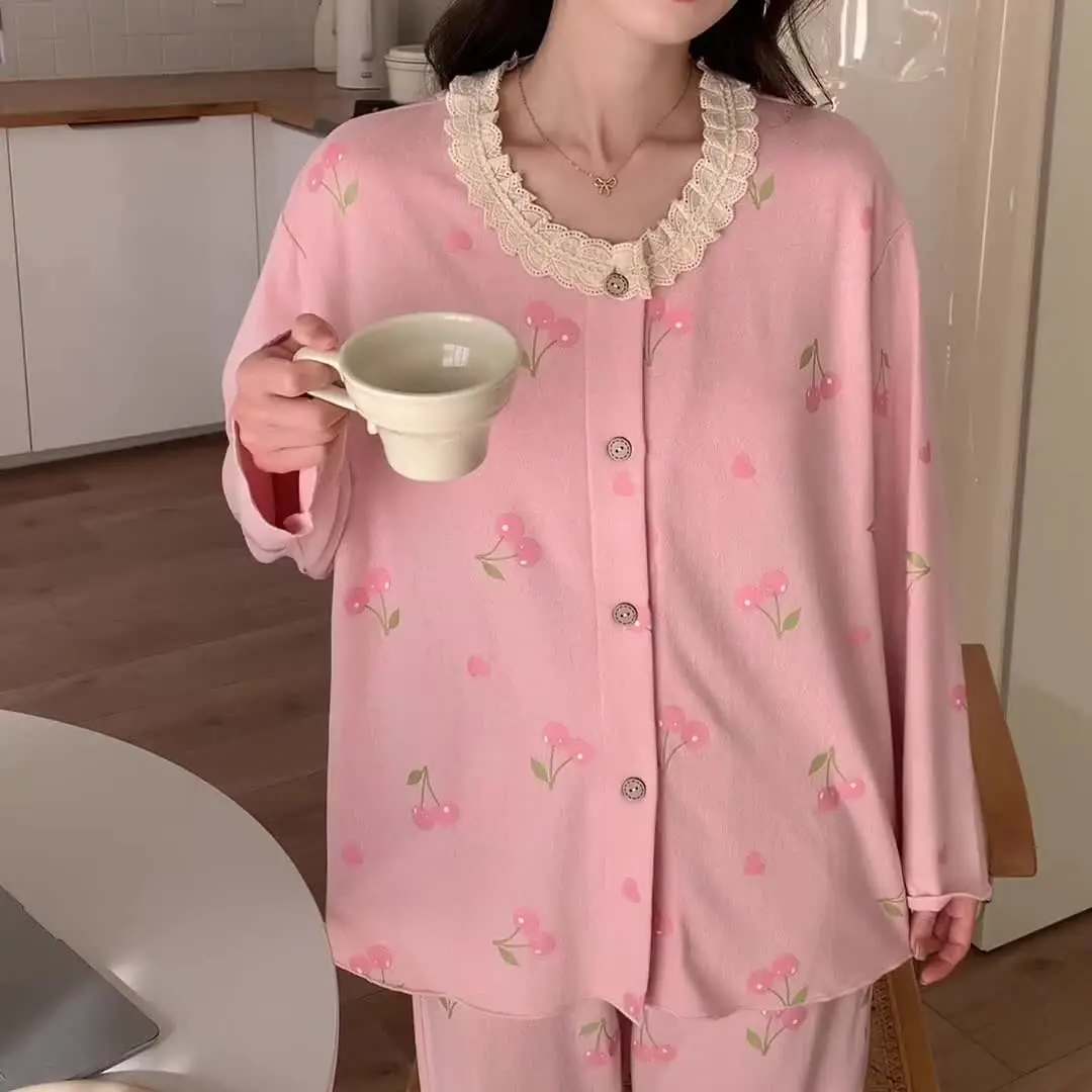 Весенне-осенняя модная женская повседневная милая розовая одежда для сна с