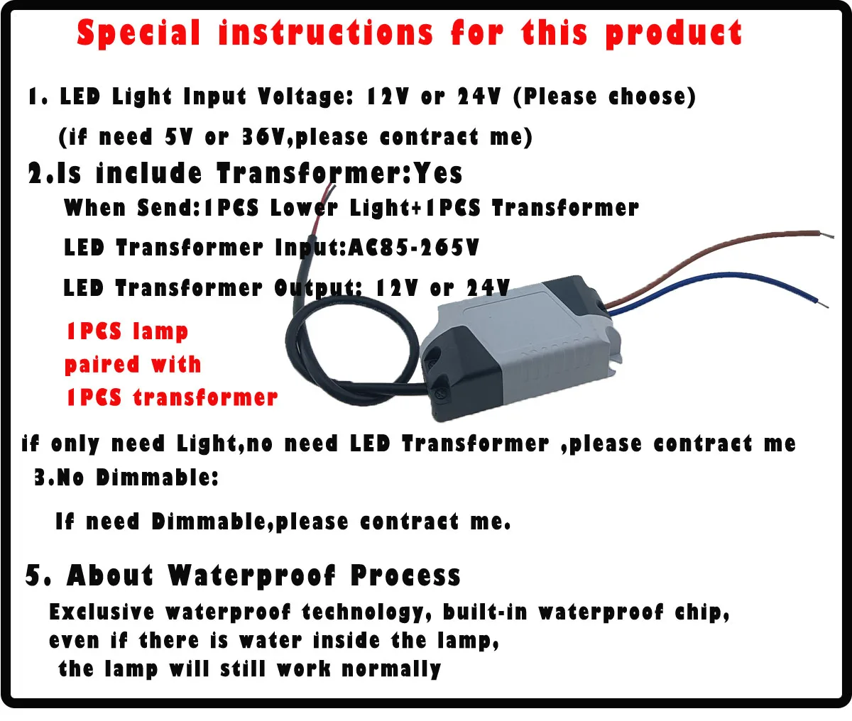 Description Picture 2 of item220V 110V to 2V 24V With Transformer IP67 Outdoor Waterproof LED Downlight IP65 IP66 7W 9W 12W 15W 18W Ceiling Lamp Spot Light