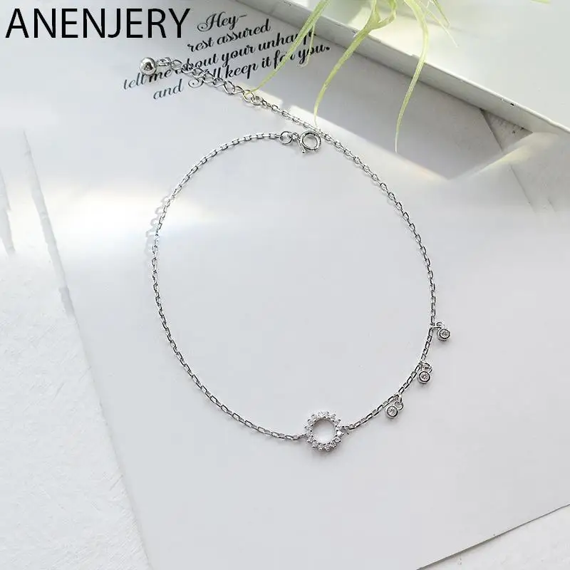 ANENJERY Silver Color Round Circle Zircon Tassel Anklet Bracelet Geometric Anklet For Women Summer Beach Jewelry S-B322 anklet bracelets silver anklets ankle chain