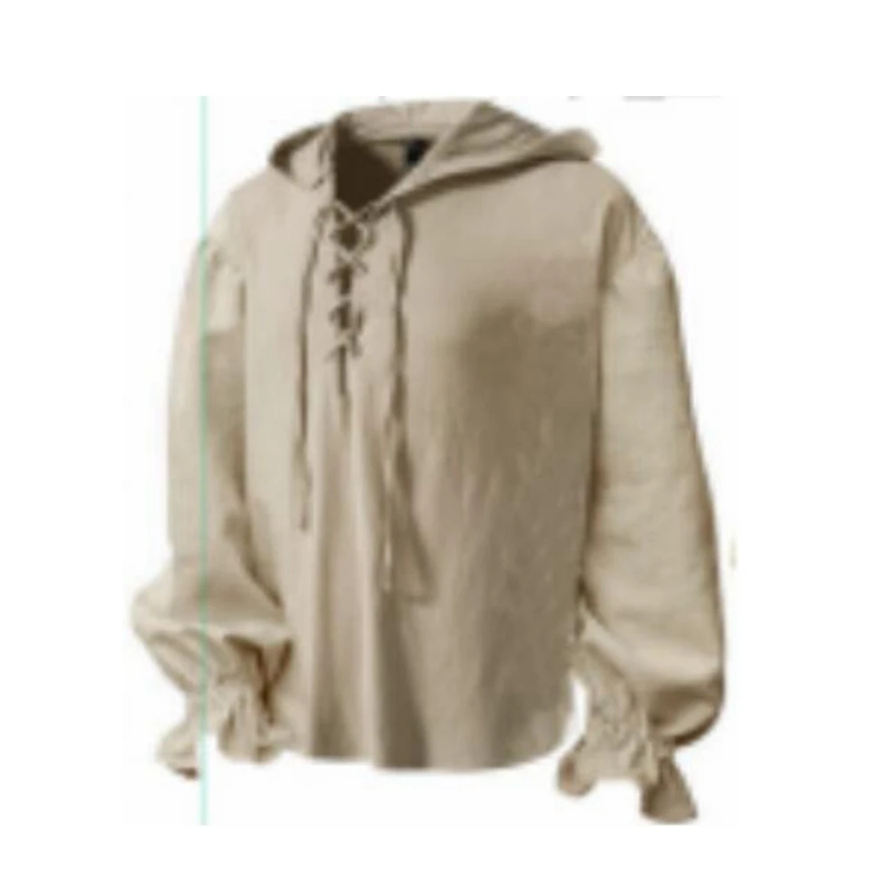

Viking Pirate Shirt Hooded Long Sleeve Lace up Collar Medieval Costume Tops