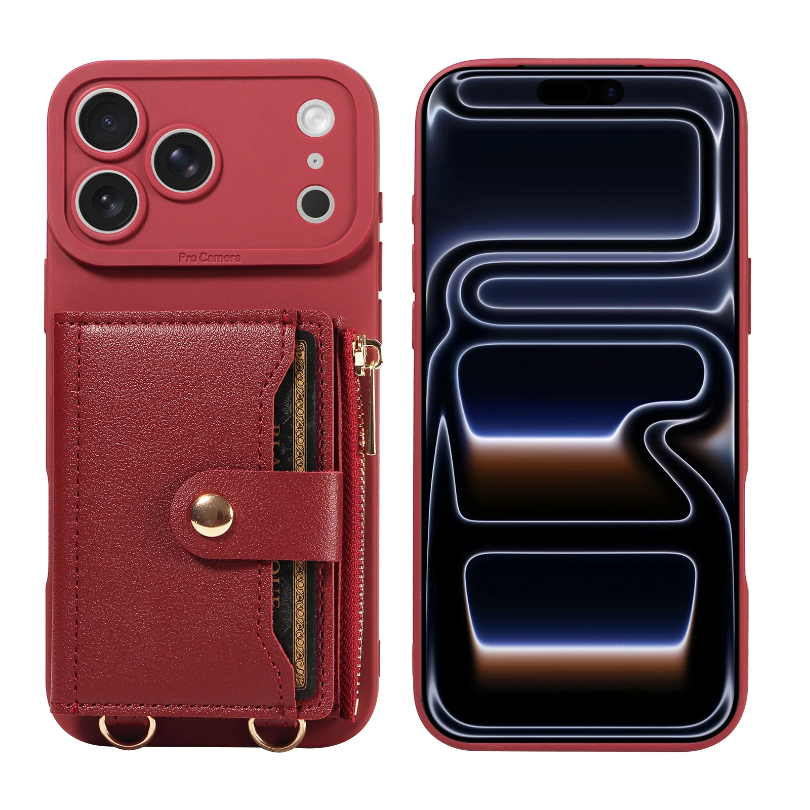 Leather Phone Case with Mirror & Pearl-Studded Strap - Shockproof Cover