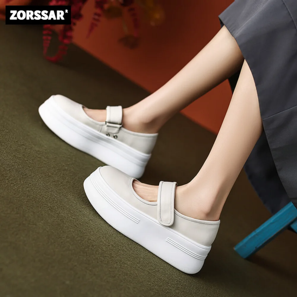 

2023 New Cow Leather Mid Heel Women Mary Jane Sneakers White Fashion Thick Bottem Slip on Casual Women Platform Vulcanize Shoes