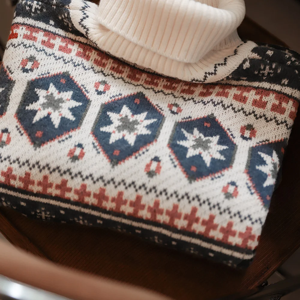 Turtleneck Sweater Basic Sweater Maden Vintage Fair Isle Knitted Sweater Christmas Warm Turtleneck Knitted Pullover Barn-style Warm Knitwear for Men's Winter