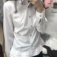 Sweet Floral Lace Hem Long Sleeve Women's Shirt Spring Autumn New Design College Style Inner Wear Polo Collar Button Detail
