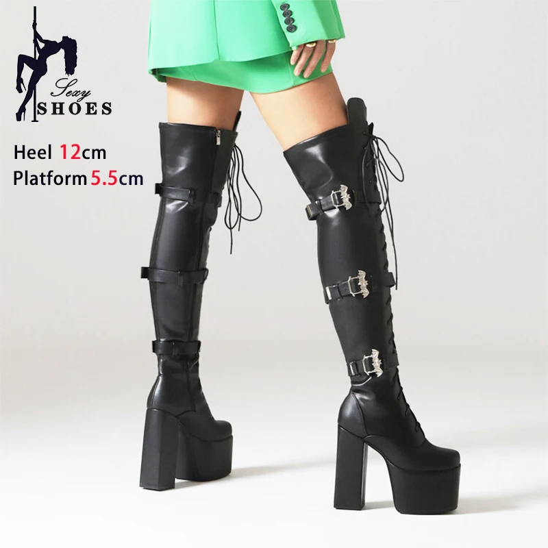 Women Platform Over-the-Knee Boots Fetish Long Shoes Woman 12CM Gothic Heels Spring And Autumn Buckle Block Heels Boots Black
