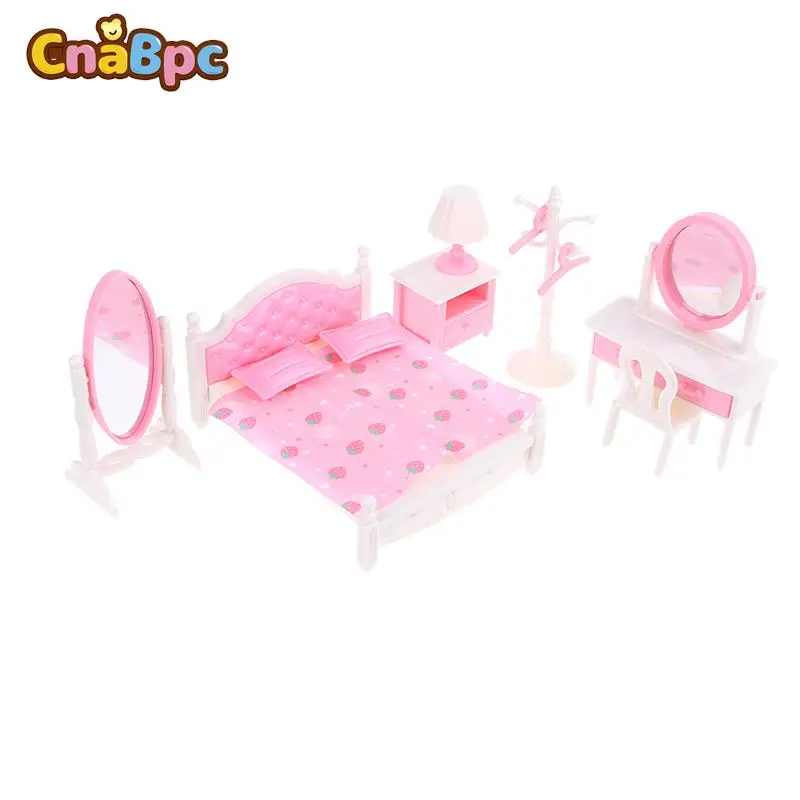 

1Set 1:12 Dollhouse Miniature Pink Bedroom Dresser Bedside Table Bed Mirror Model Toy Play House Simulation Furniture Ornaments
