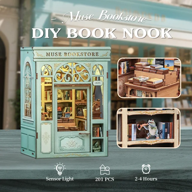 CUTEBEE DIY Book Nook Kit DIY Doll House with LED Light Bookshelf Insert Muse Bookstore Model Collection For Birthday Child Gift 2