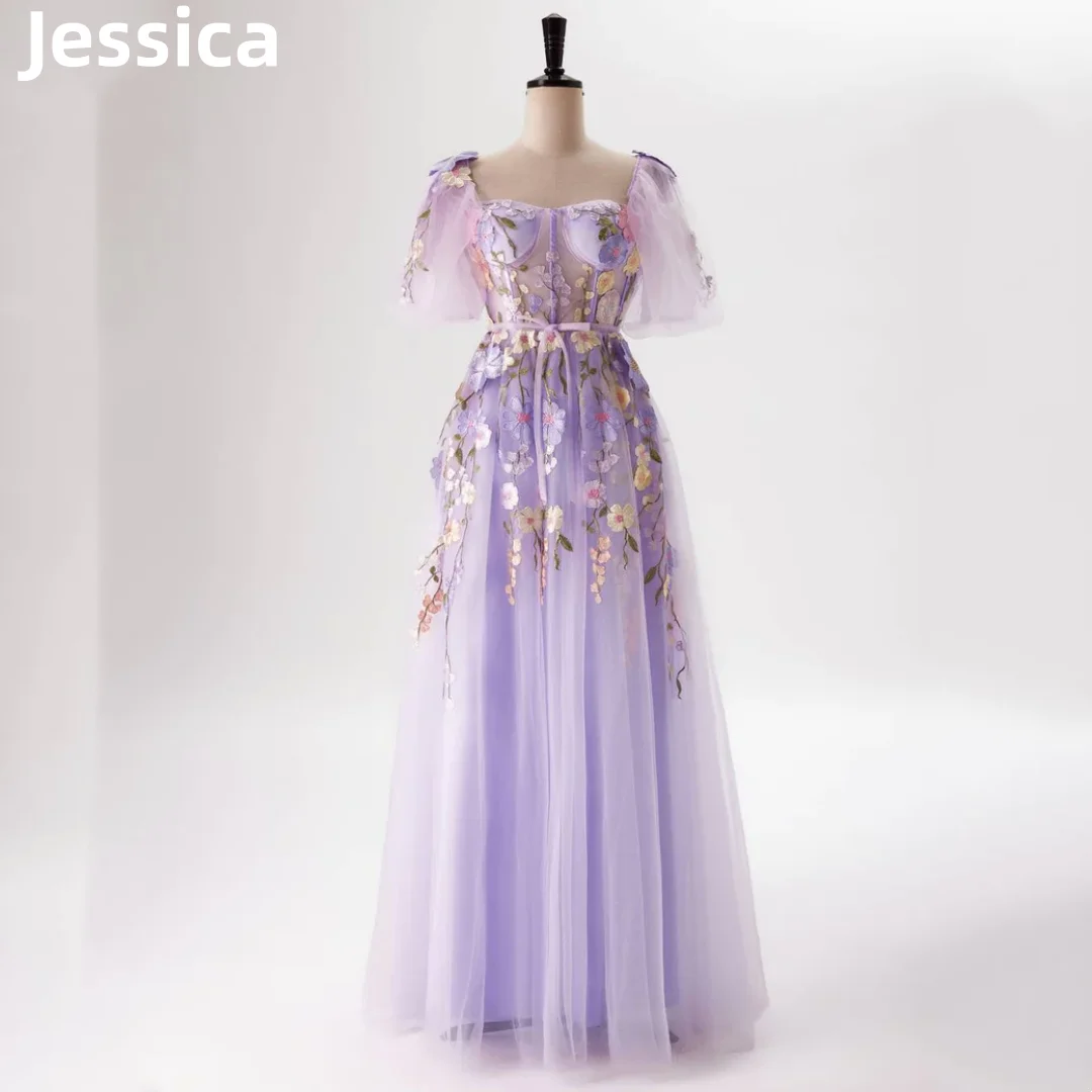 

Jessica Lavender Fairy Prom Dress 3D Flower Puff Sleeves 2024Vestidos De Fiesta A-line Princess Graduation Formal Party Dress