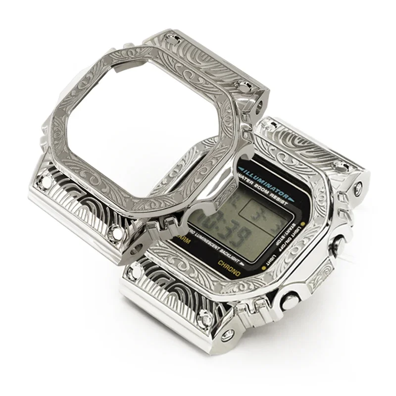 Фото DW5600 Mod Kit резная металлическая фотография для часов женская модель DW5700 GB5600 GW-B5600 водонепроницаемый стальной резиновый ремешок для замены браслета №4