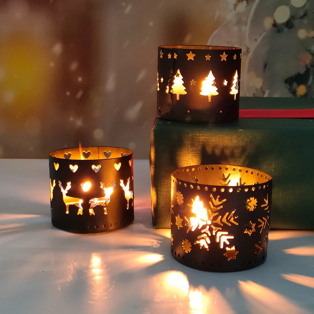 Christmas Hollow iron Candle Holder Candlestick Creative Christmas Pattern Series Straight Candle Holder Xmas Party Decorations