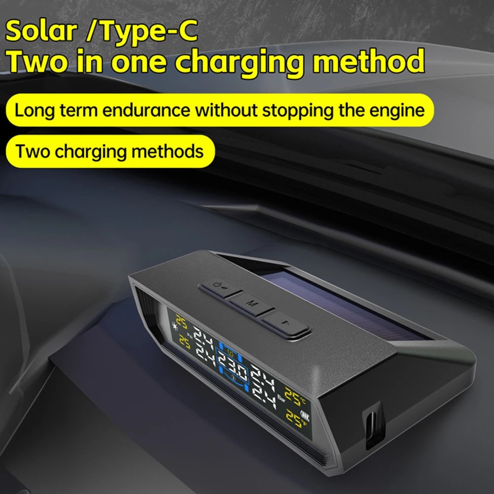 태양광/USB 전원 타이어 공기압 모니터링 시스템 (4개 센서 무선 TPMS IPX7 방수, RV, 트레일러, 자동차용)