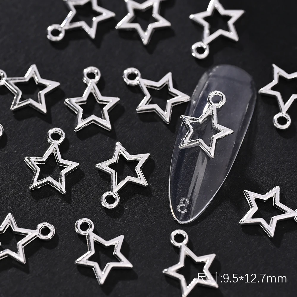 100/10pcs 3D 합금 럭셔리 실버 스타 네일 매력 중공 피어싱 매달려 보석 네일 아트 장식 DIY 펜던트 매니큐어