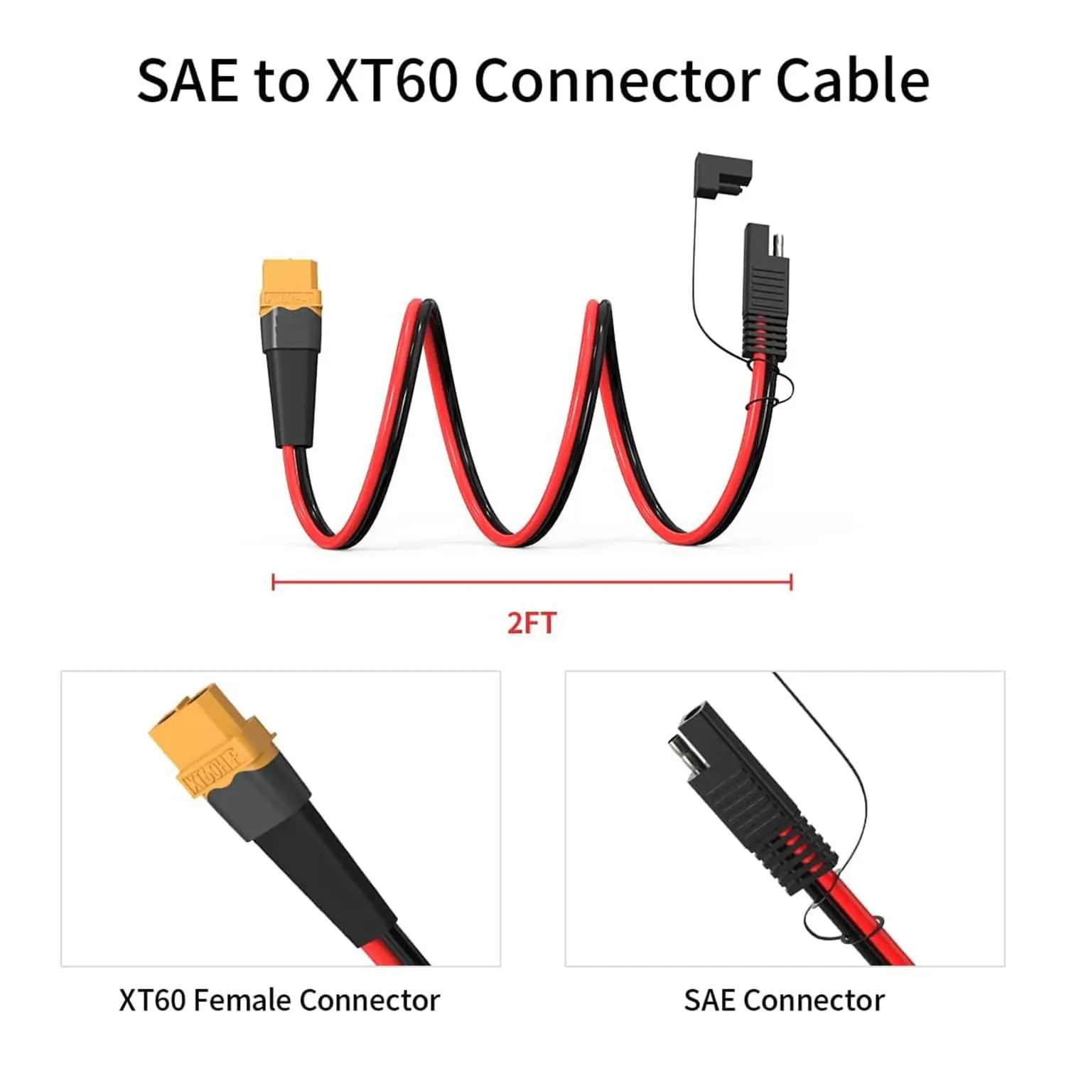 10AWG XT60-SAE 커넥터 연장 케이블(휴대용 발전소, 태양광 패널, 태양광 발전기용 SAE 극성 역전 어댑터 포함)