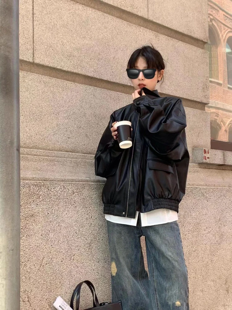 Jaqueta de couro PU vintage para mulheres, High Street Techwear