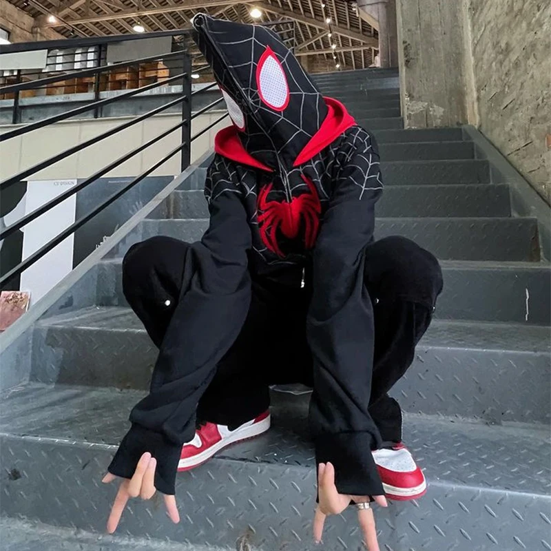 

American retro street Spider print stitching stand collar sweater men and women spring and autumn tide brand sports hoodies top