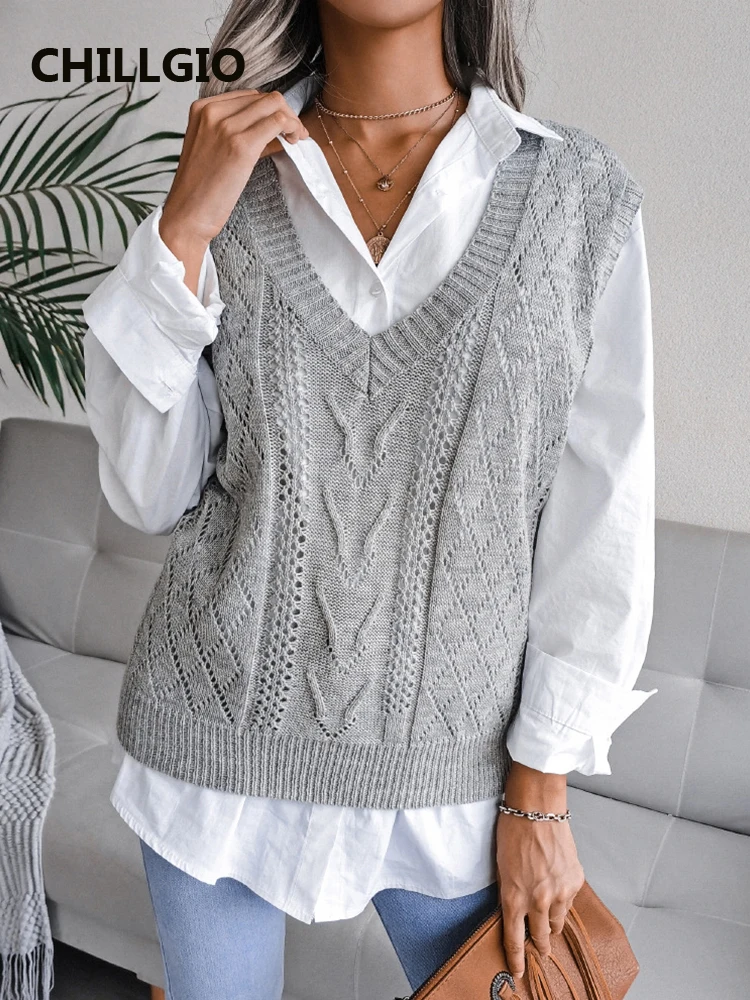 

CHILLGIO Women Sweater Knitted Sleeveless Casual V Neck Korean Knitwear Tops Elastic Fashion Streetwear Office Lady Solid Vests