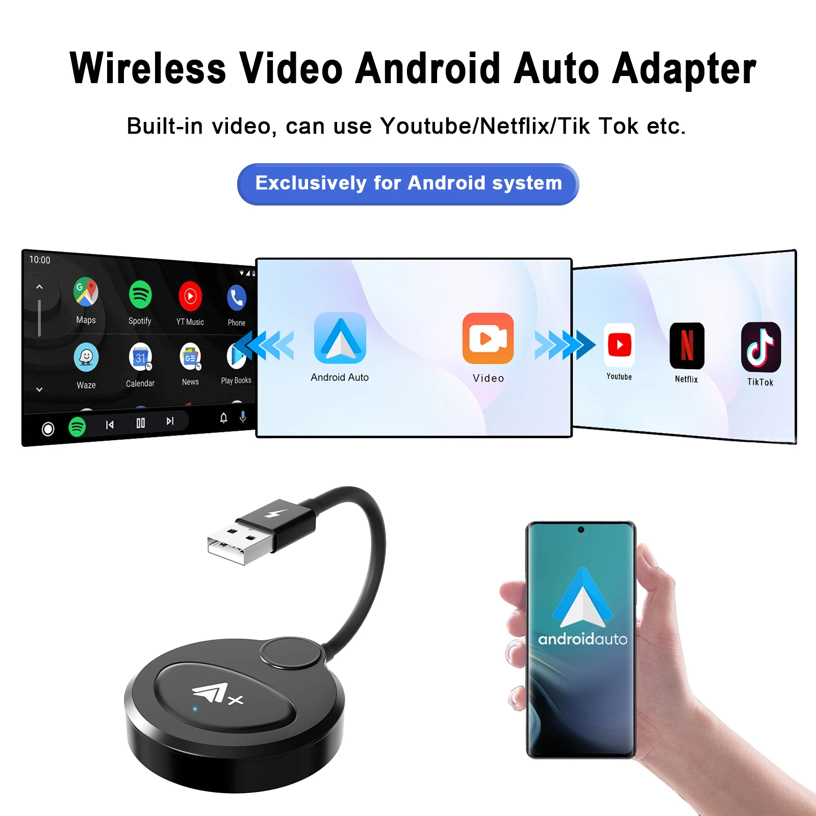 Wireless Video Android Adapter Playable Youtube/Netflix etc Compatible All Car Models With USB/Type-C For Android Mobile Phone