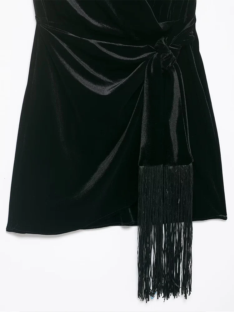 2026 New Velvet Short Dresses For Women Sleeveless Slim Tassel Decoration Halter Mini Dress Fashion Casual Elegant Party Dresses