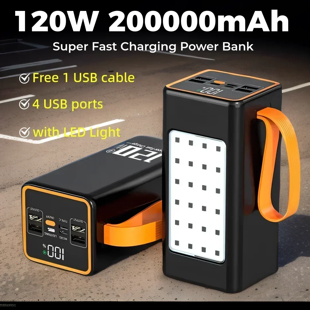 New 200000mAh Power Bank 120W Super Fast Charging for Iphone Xiaomi Laptop LED Light Powerbank Portable External Battery Charger 2