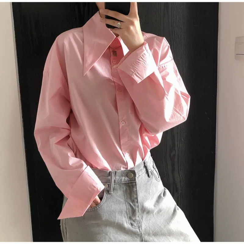 

Spring Pointed Collar Pure Cotton Oversized Shirts Women Loose Drop Shoulder Solid Color Casual Shirts Tops
