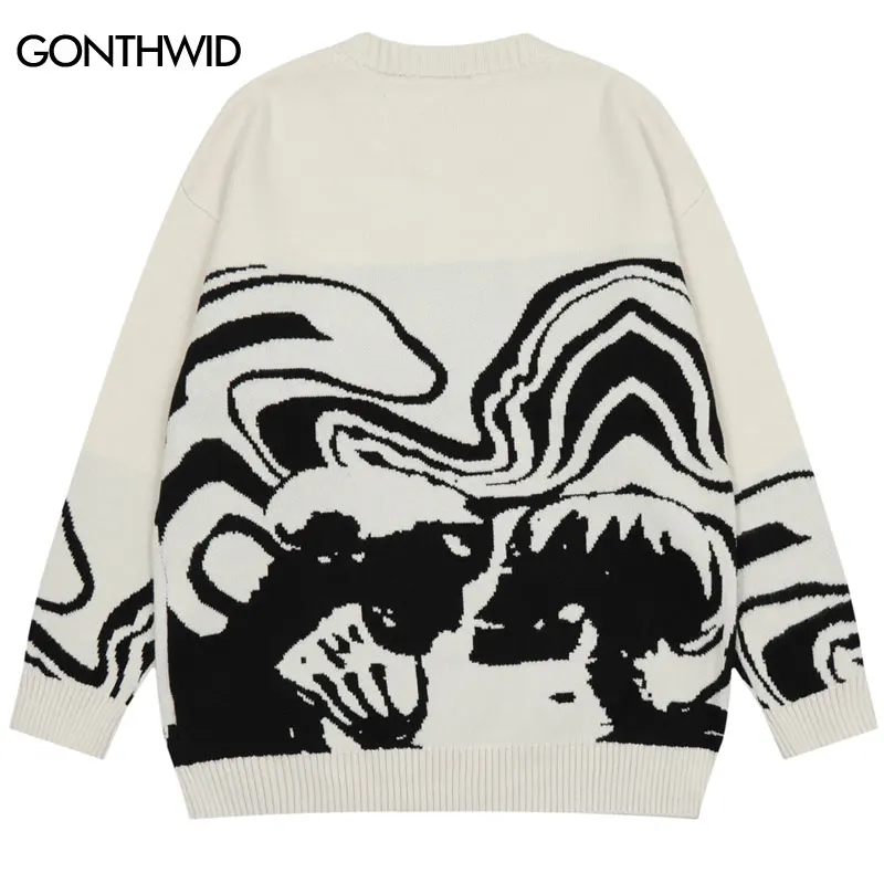 GONTHWID 2023 Men Streetwear Sweater Retro Painting Skull Graphic Hip Hop Knitted Vintage Pullover Casual Wool Sweater Hipster