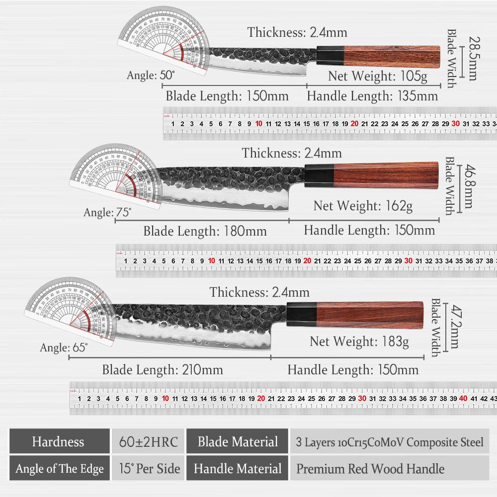 Kitchen Knives 1-3PC Chef Utility Santoku Professional Clad Steel Japanese Cook For Meat Red Wood