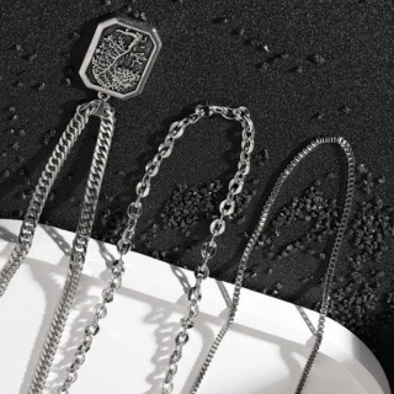 316 Stainless Steel Square Pendant Tree of Life Neckalce Silver Color Multilayer Chains Choker for Women Men Punk Retro Jewelry