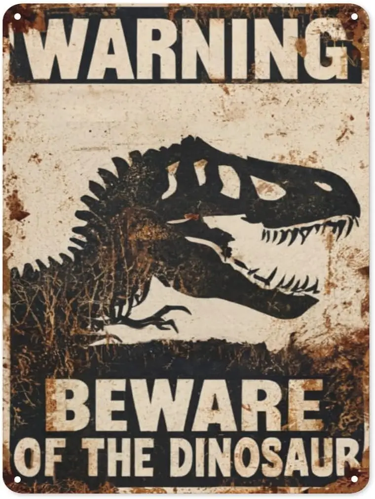 Retro Dinosaur Warning Tin Sign - Vintage Metal Wall Decor