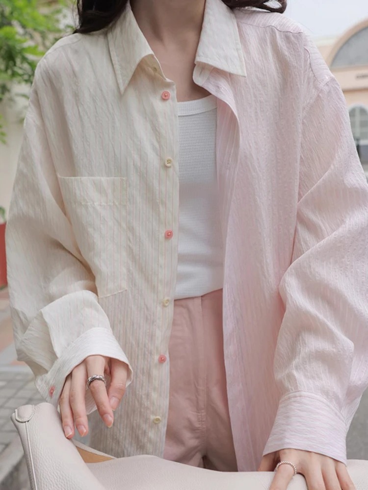 

Davestis Casual Women's Long Sleeve Shirts Stripe Splice Loose Blouses Cardigan Buttoned Elegant Blouses 2023 Autumn New Shirts