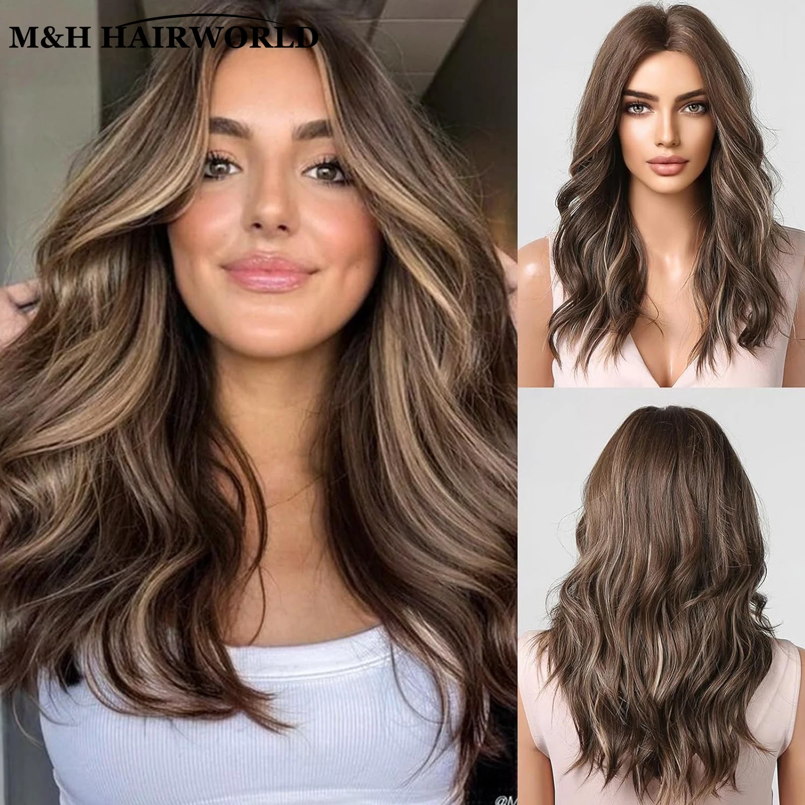 Long Wavy Curly Synthetic Hair Lace Front Wigs for Women Ombre Brown Highlight Color Wig Lace Frontal Wig for Daily Party Use