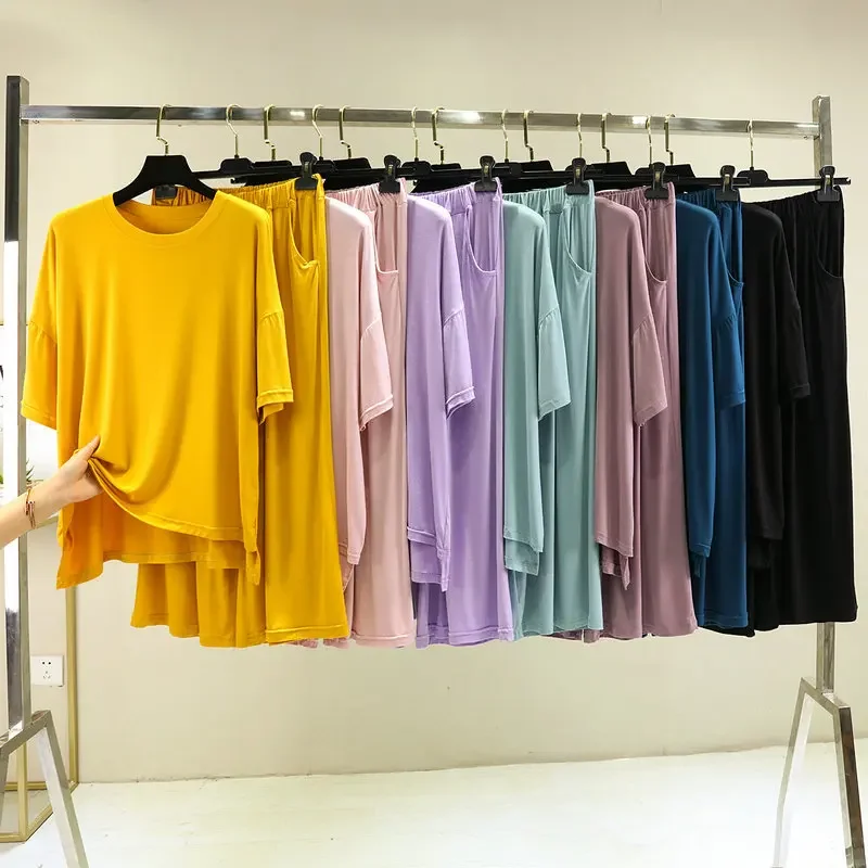 

Пижама женская Свободная из модала, тонкая футболка с рукавом до локтя, топ, Капри, шорты, нижнее белье, пижамный комплект для женщин, весна-лето