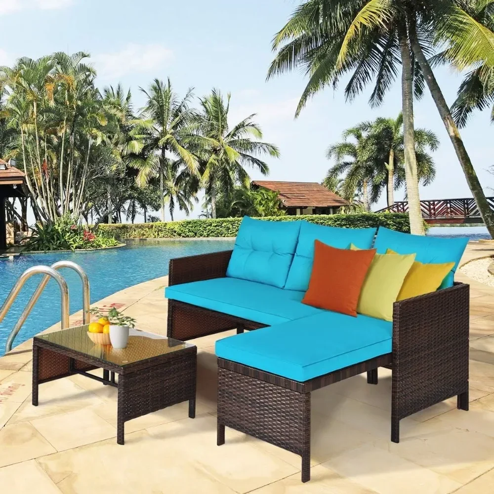 Patio Corner Sofa Set 3 Piece, Outdoor Rattan Sofa Set, Includes Lounge Chaise, Loveseat & Coffee Table, Patio Garden Poolside 3