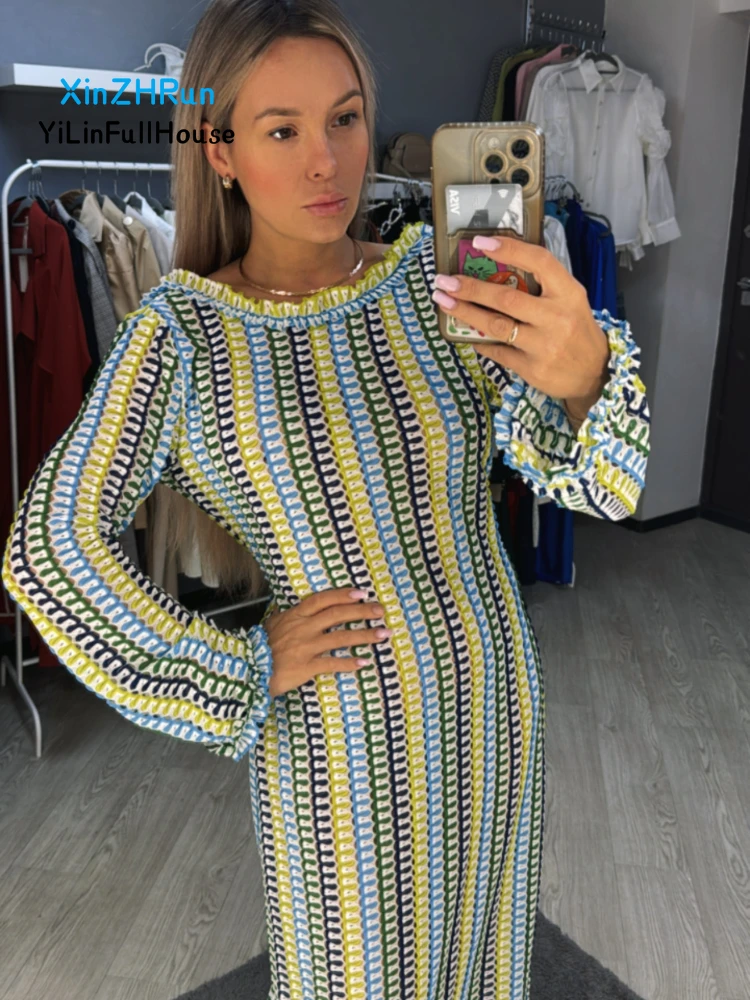 2024 New Women Dress Fashionable Sexy Elegant Slim Fit Contrast Lace Flare Sleeves Open Back Women's Long Sleeve Tight Fit Dress