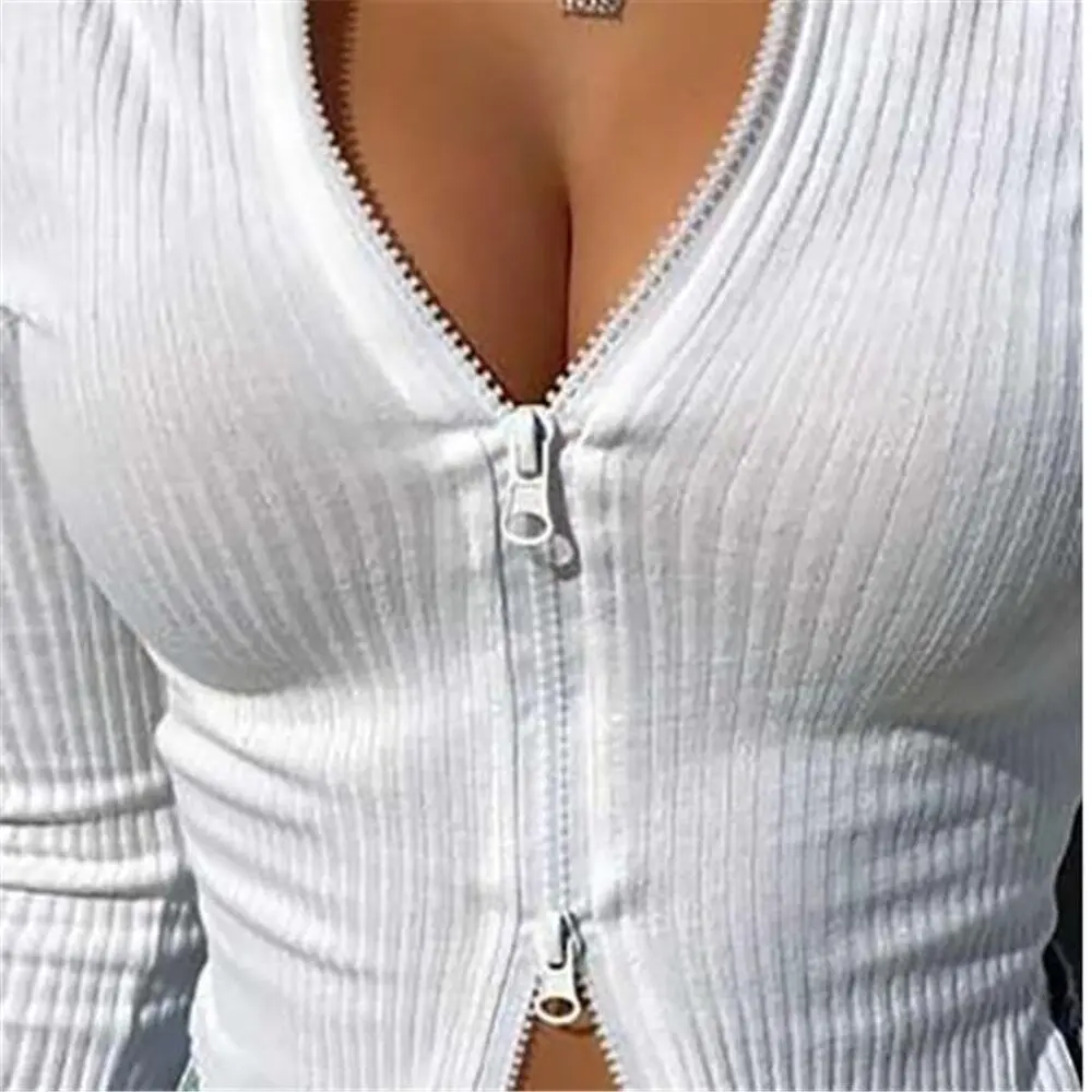 

Ribbed Knitted Long Sleeve Crop Tops Zipper Design Tee Sexy Female Slim Tops