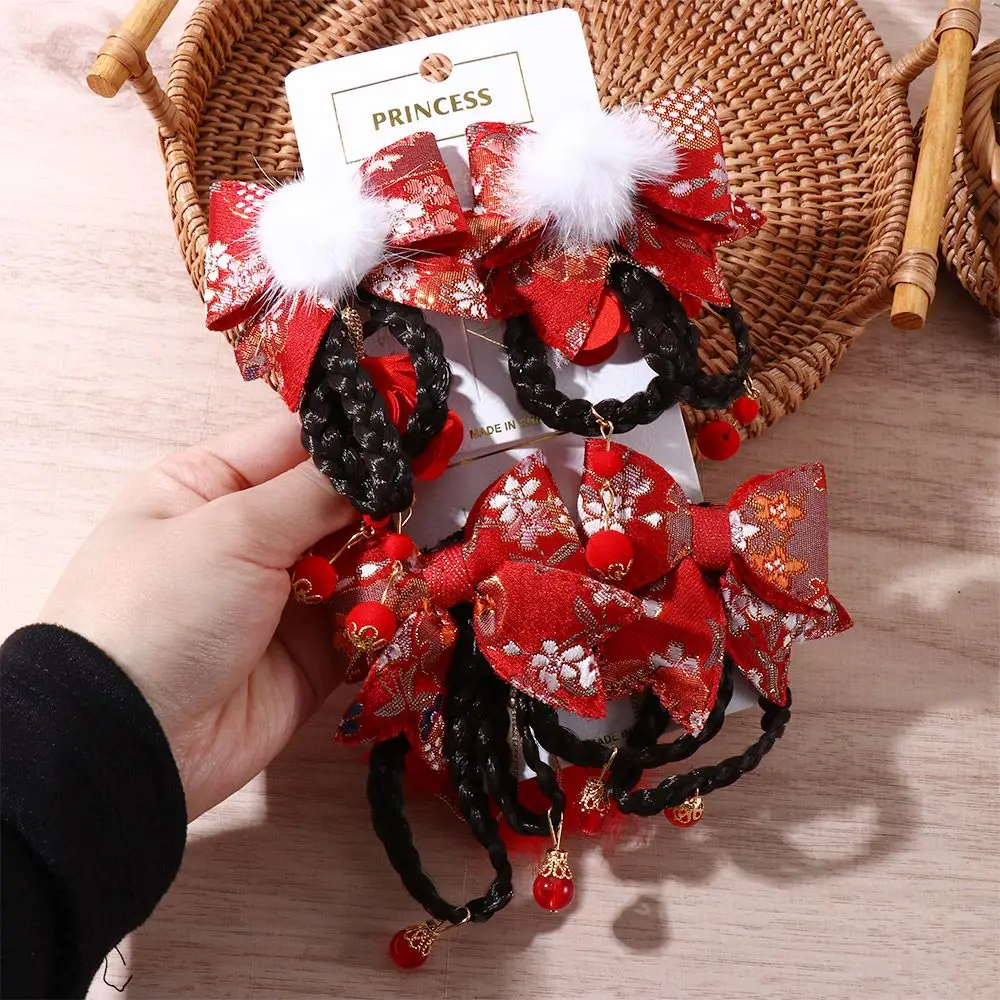 Sweet Children Tassel New Year Festive Cloth Hanfu Headdress Tang Suit Side Clip Hair Accessories Bow Hairpin Wig Braid Hairpin