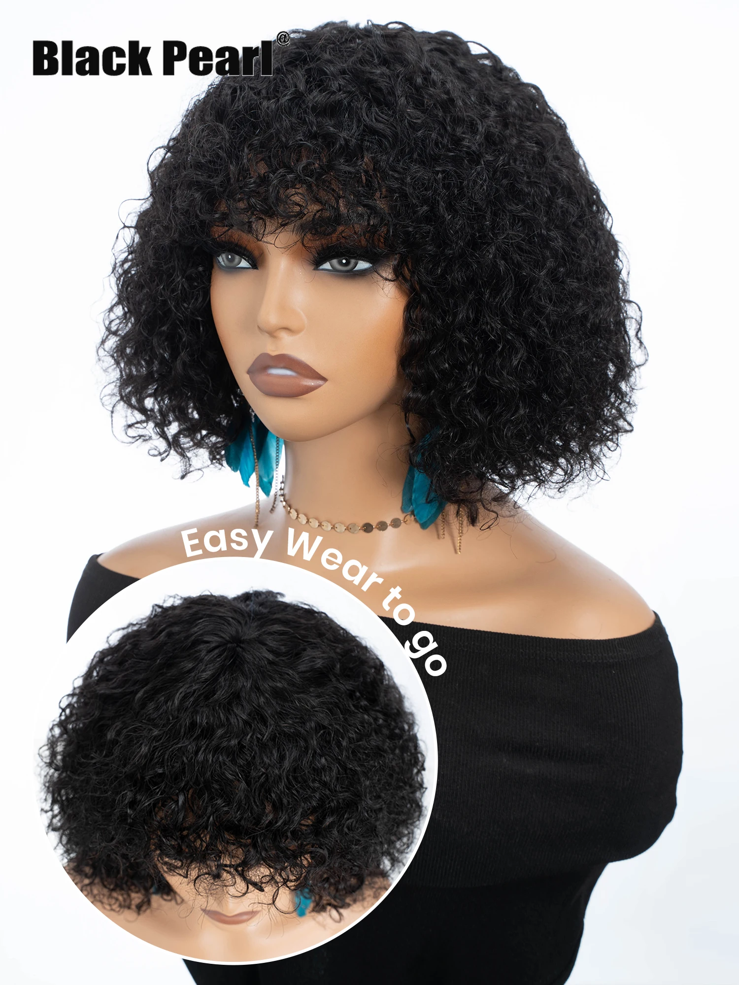 Sleek Jerry Curly Wig With Bangs Human Hair Short Pixie Cut Fringe Style Natural Curly Perruque Lightweight Tangle-Free Human Hair Wigs