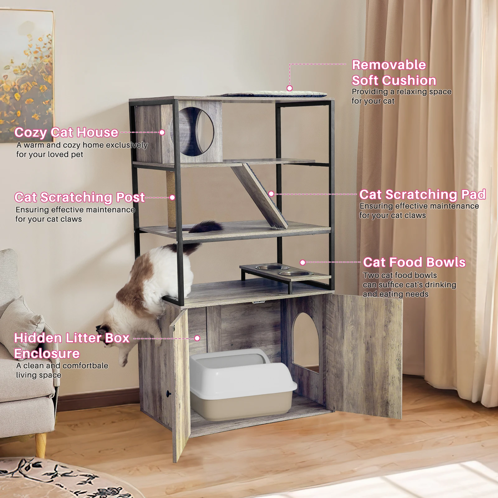 Redlife-Cat Litter Box Enclosure Multifunctional Cat Tree Hidden Furniture Cabinet w/ Storage and Scratch Cat Condo 4 Levels