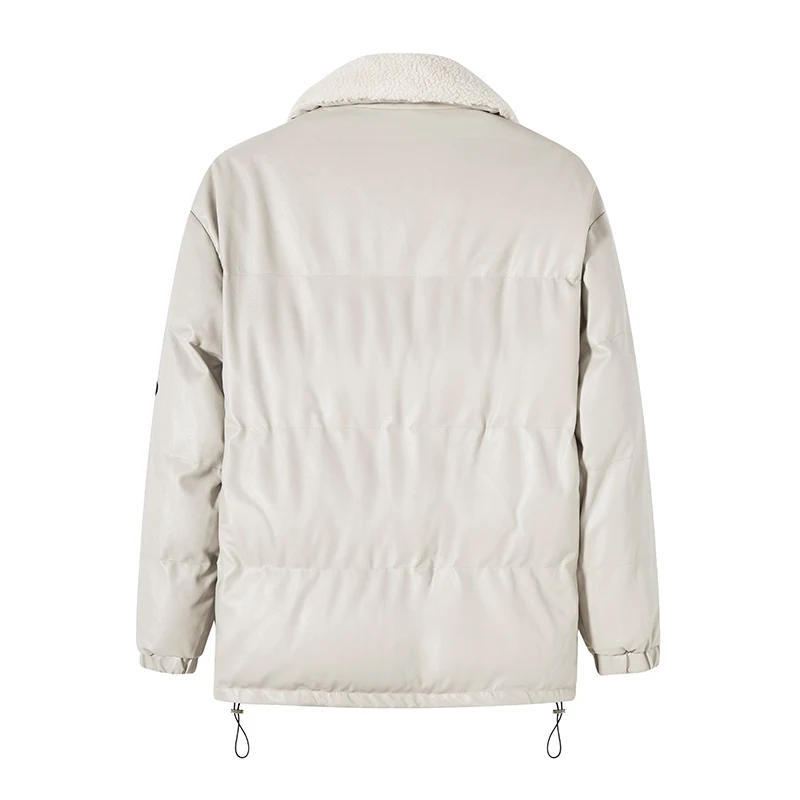 Men Winter Leather Jacket Solid Color Lapel Fleece Zipper Coat Padding Cotton Padded Jacket Warm Thickened Waterproof Outerwear