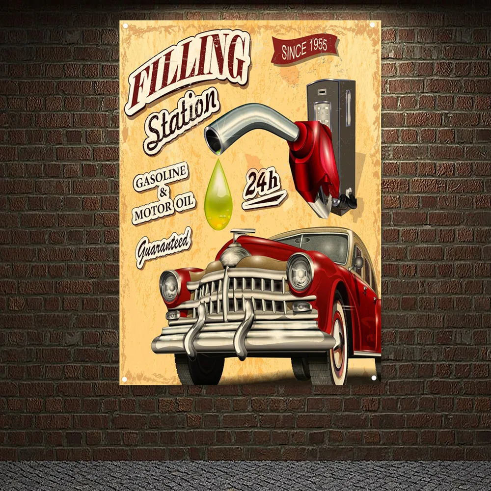 

FILLING Station Vintage Car GASILINE & MOTOR OIL Poster Tapestry Flag Wall Painting Auto Repair Shop Garage Wall Decor Banner
