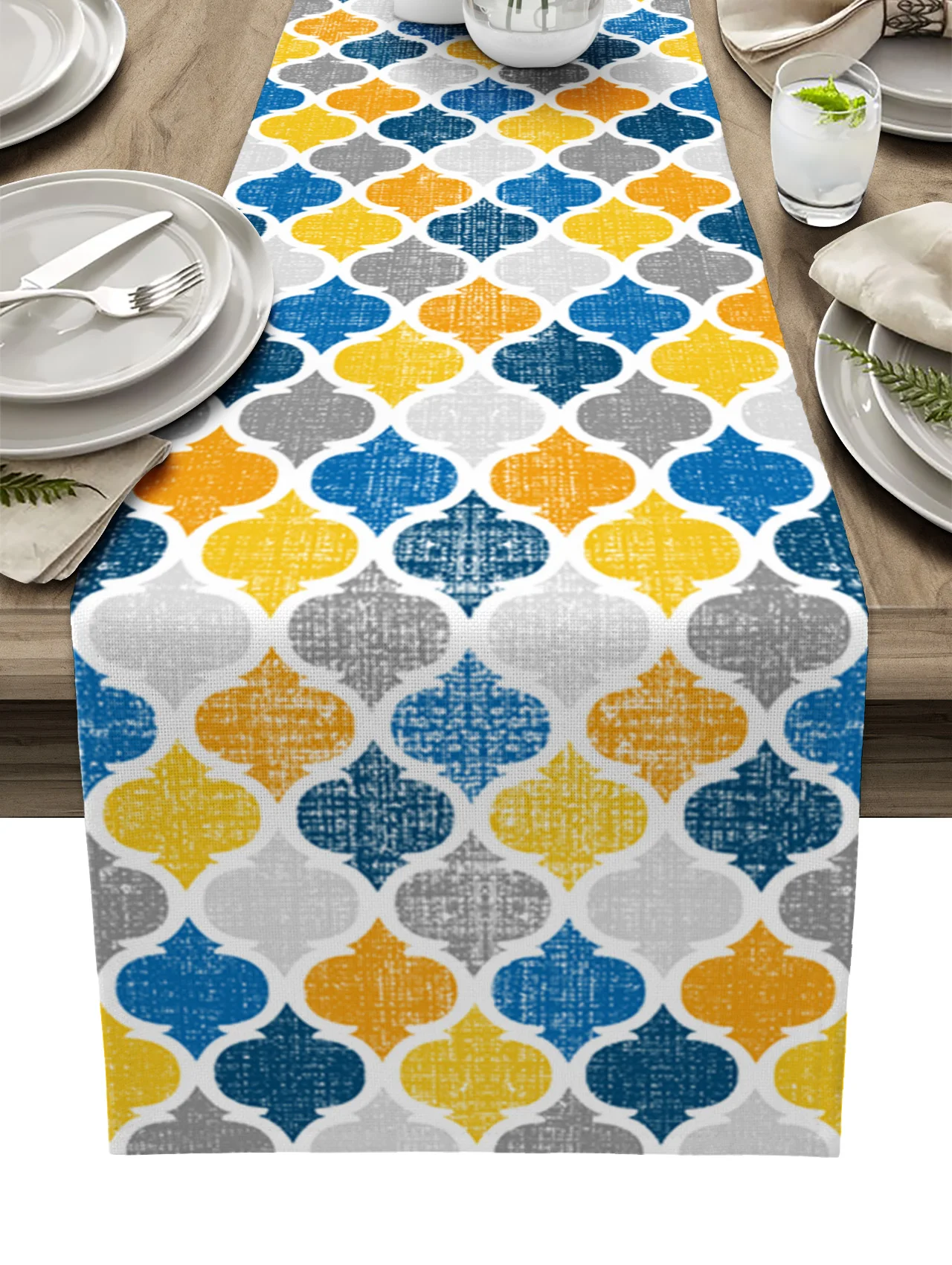 

Yellow Blue Geometric Moroccan Retro Linen Table Runner Kitchen Table Decoration Farmhouse Dining Tablecloth Wedding Party Decor
