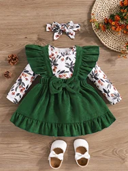 Sweet Baby Girls 3pcs Clothes Set Infant Newborn Spring &Autumn Long Sleeve Jumpsuit +Ruffle Overall Dress +Headband