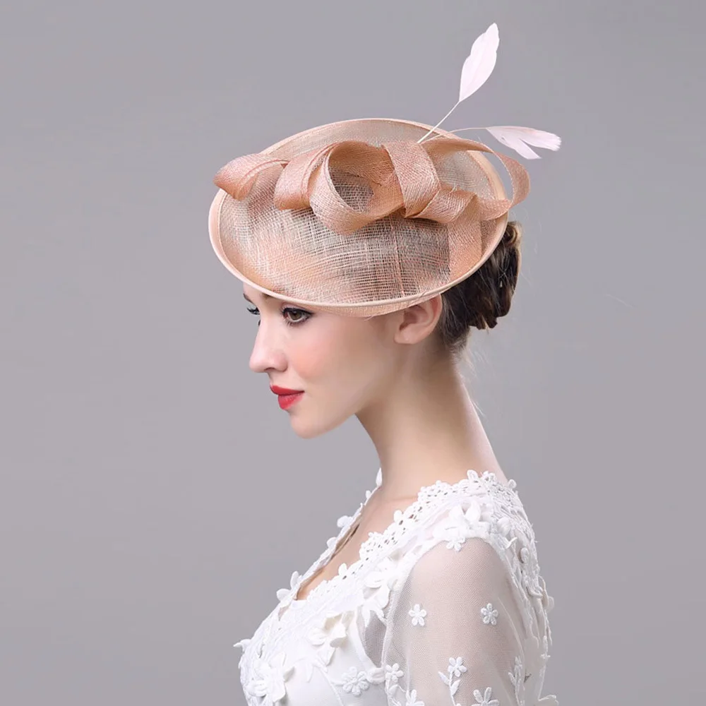 

New Arrival Forest Style Elegant Cotton Linen Bowknot Feather Decorated Grenadine Bridal Hat/Socialite Top Hat 867