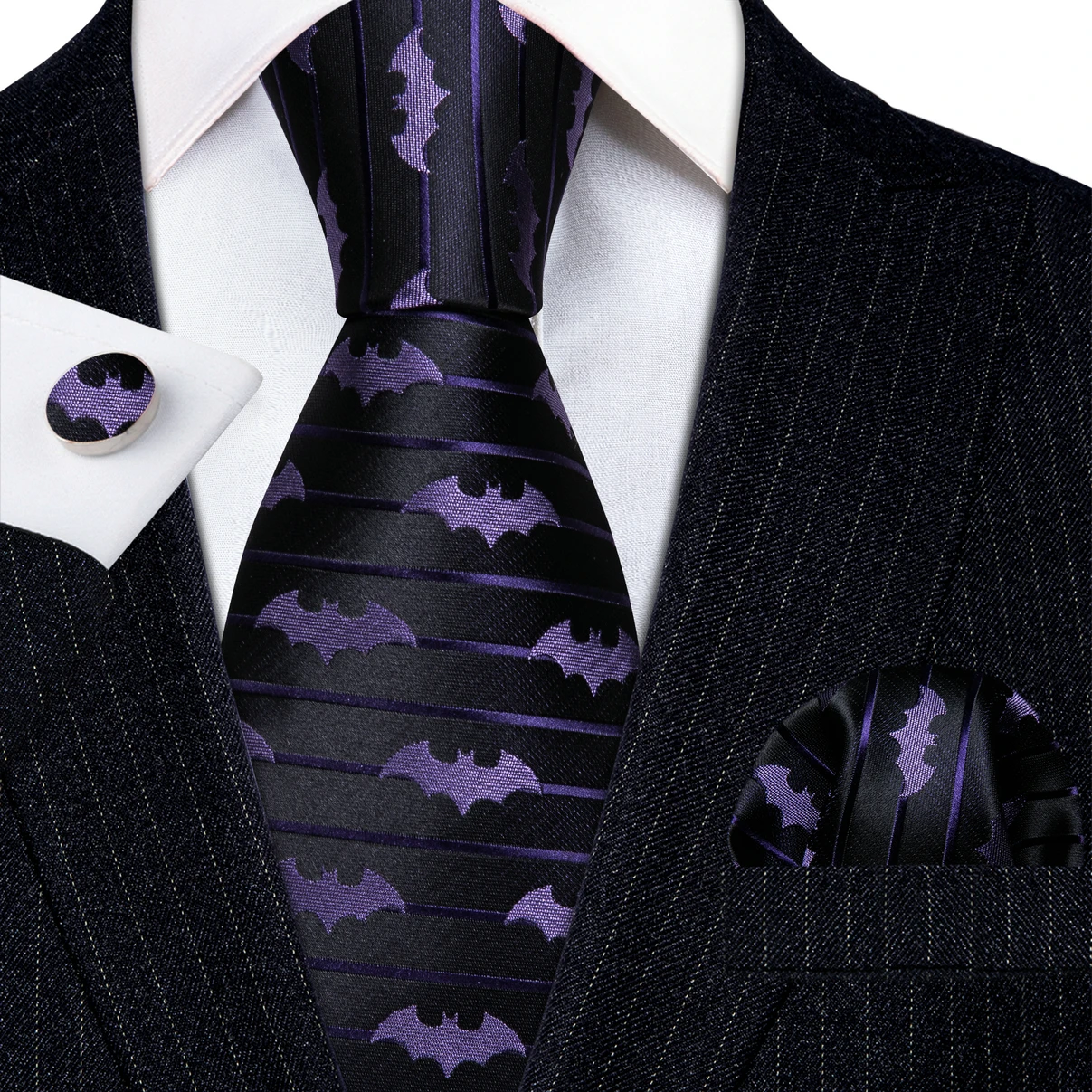 Barry.Wang cravatta a pipistrello in seta viola per uomo novità Animal Black Stripe Ncektie Pocket gemelli quadrati Set festa di nozze FA-6210