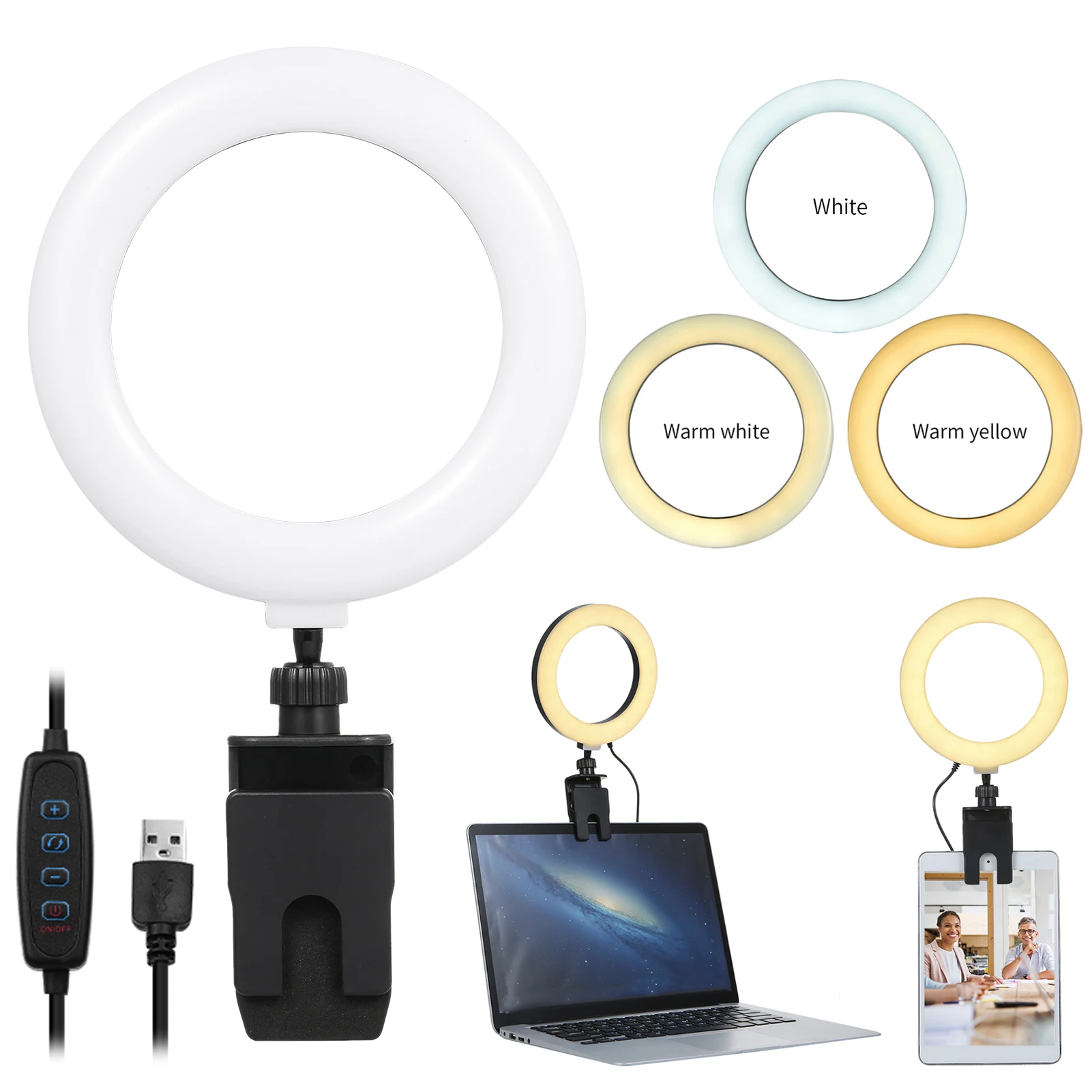 Anneau lumineux USB de 6 pouces avec pince pour ordinateur portable, smartphone, vidéo en direct, lumière de remplissage à intensité variable pour les réunions en ligne, le maquillage, les selfies