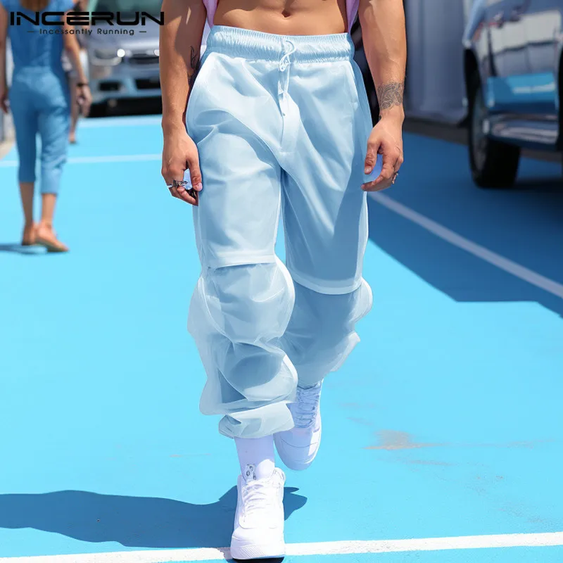 

INCERUN 2024 American Style Trousers New Men's Perspective Mesh Long Pants Casual Party Shows Male Well Fitting Pantalons S-5XL