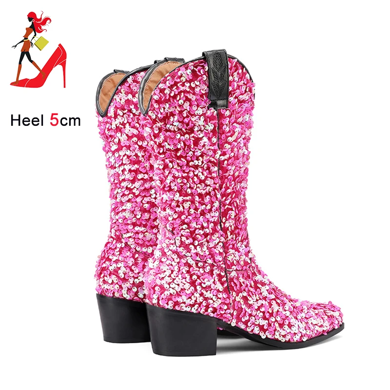 

Western Cowboy Boots Women Bling Shiny Sequin Chunk High Heels Novelty Party Lady Shoes Pointed Toe Mid-Calf Boots Botas Mujer