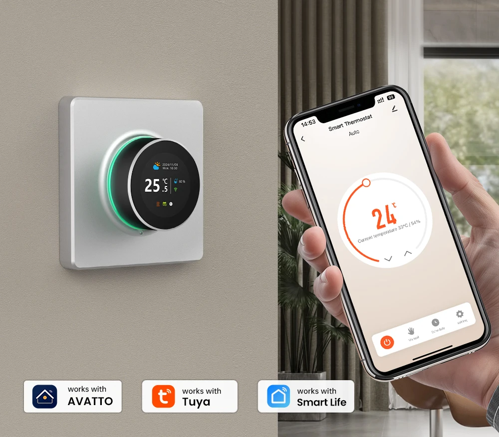 Smart Knob Thermostat, Multiple Scene Displays, Weekly Programming Mode, Work wi
